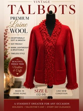 Vintage Talbots Premium Laine Wool Red Fringe Cardigan Sweater L